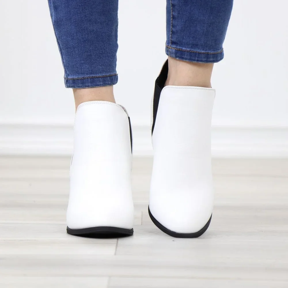 Chelsea Cone High Heel Ankle Boots White Synthetic Leather Pointed Toe - Picture 9 of 12